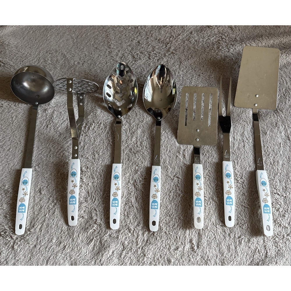 Vintage Household Deluxe Blue Dutch Japan Stainless Kitchen Utensils 7 Pc Set